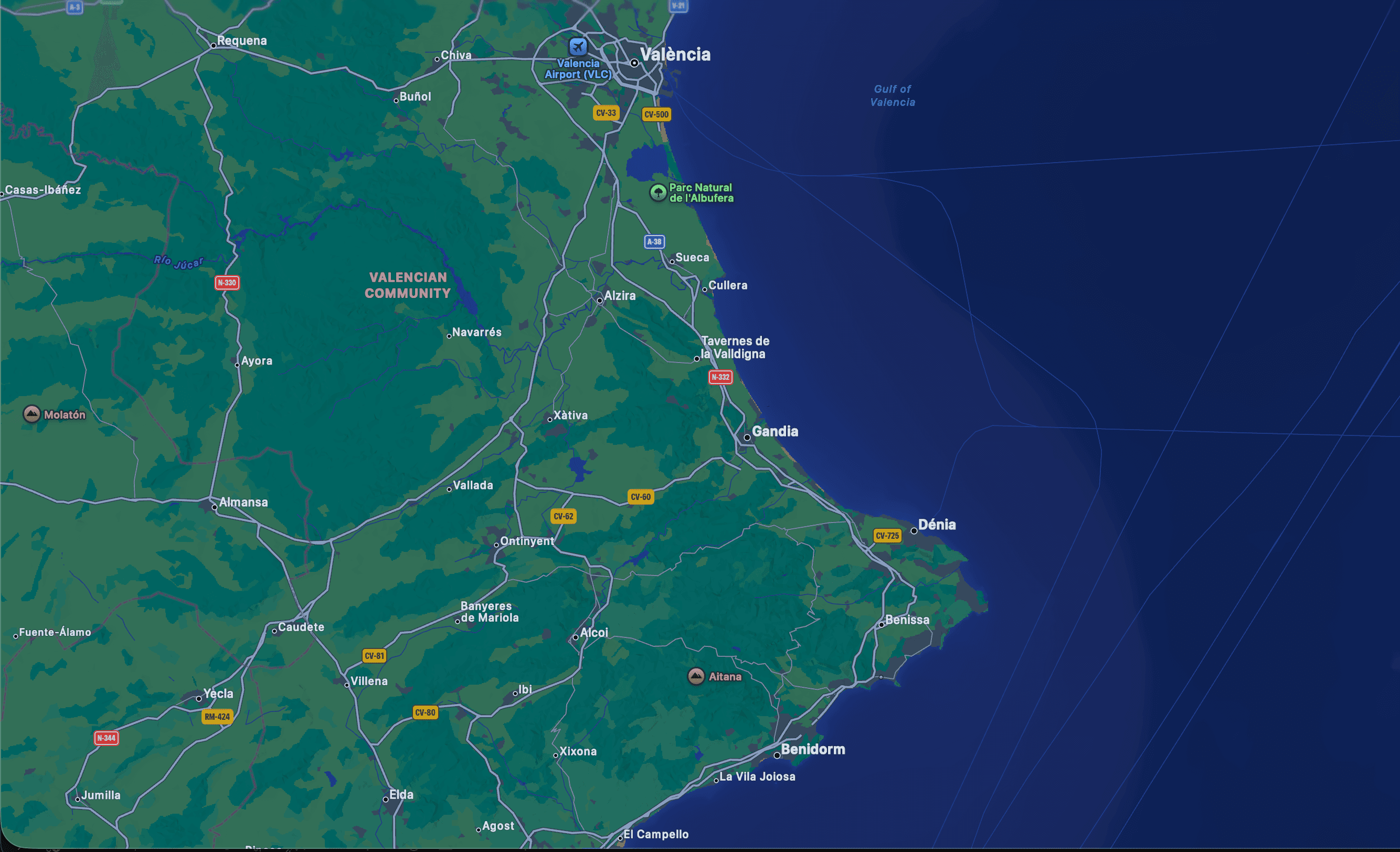 Map of the Costa Blanca and Valencia region showing Almorada locations